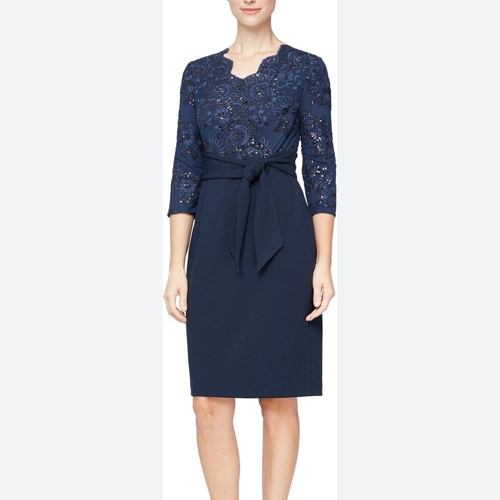 Alex Evenings Navy Blue Sequined Lace Tie Waist Sheath Dress Womens Sz 6 Wedding